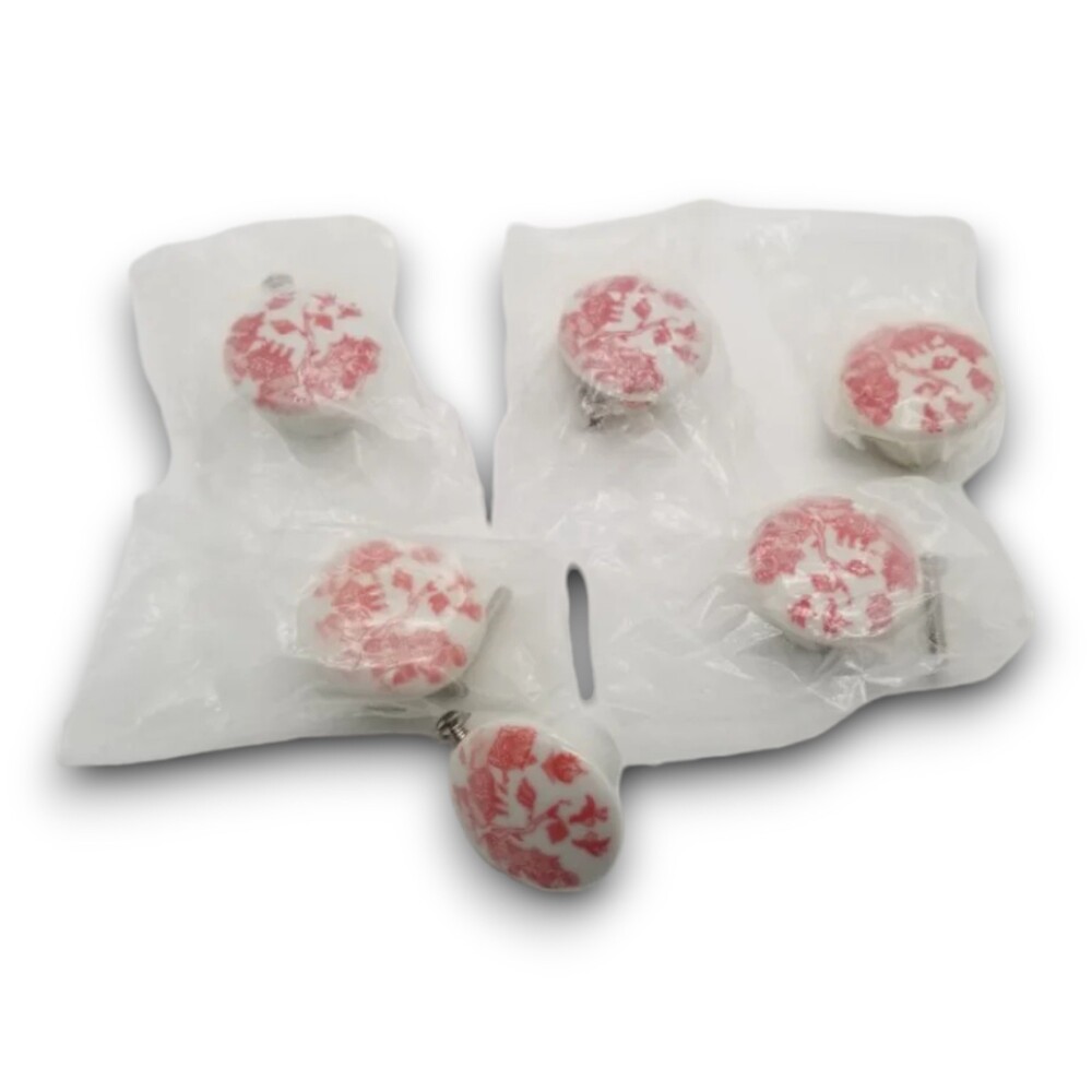 Six Vintage Pink Willow Porcelain Drawer Door Cabinet Cupboard Knobs & Hardware - Picture 6 of 7